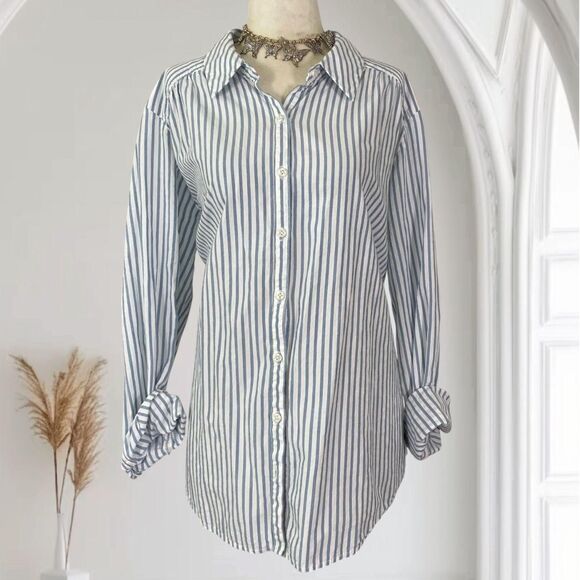 Ingrid Isabel Cotton Rayon Blend Blue White Preppy Striped Button Up Blouse  L - Picture 1 of 8
